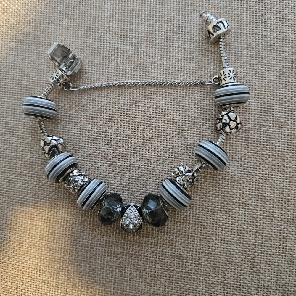 925 Sterling Silver Charm Bracelet Black White Striped Glass Beads‎ Safety Chain